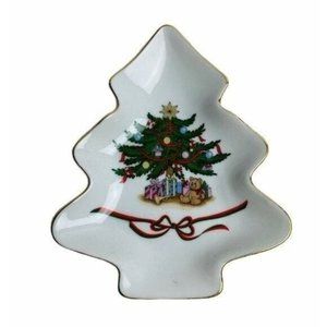 Sanyei Candy Dish Christmas Tree White Gold Trim Made in Japan Presents Holiday